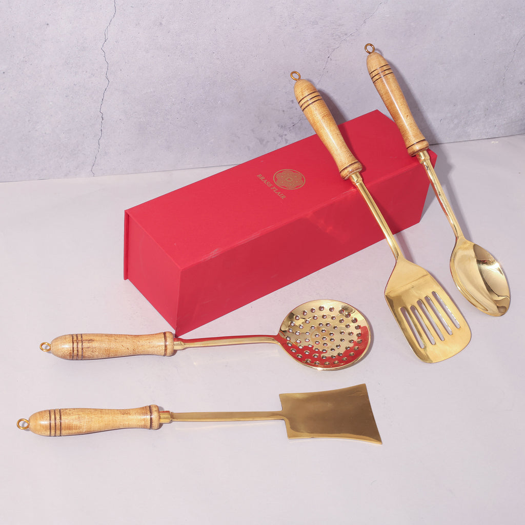 Brass Ladles Set with Wood Handle (Set of 4)