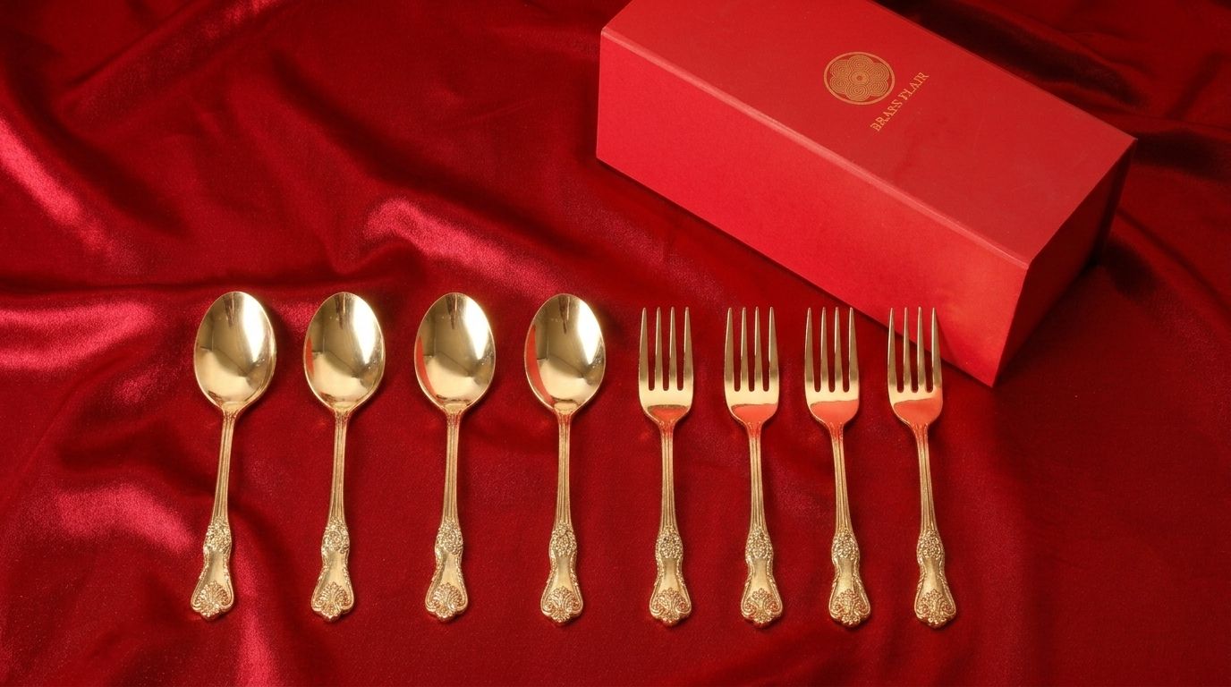 Handcrafted Brass Cutlery Set | Traditional Indian Flatware | Set of 8 (4 Spoons & 4 Forks)