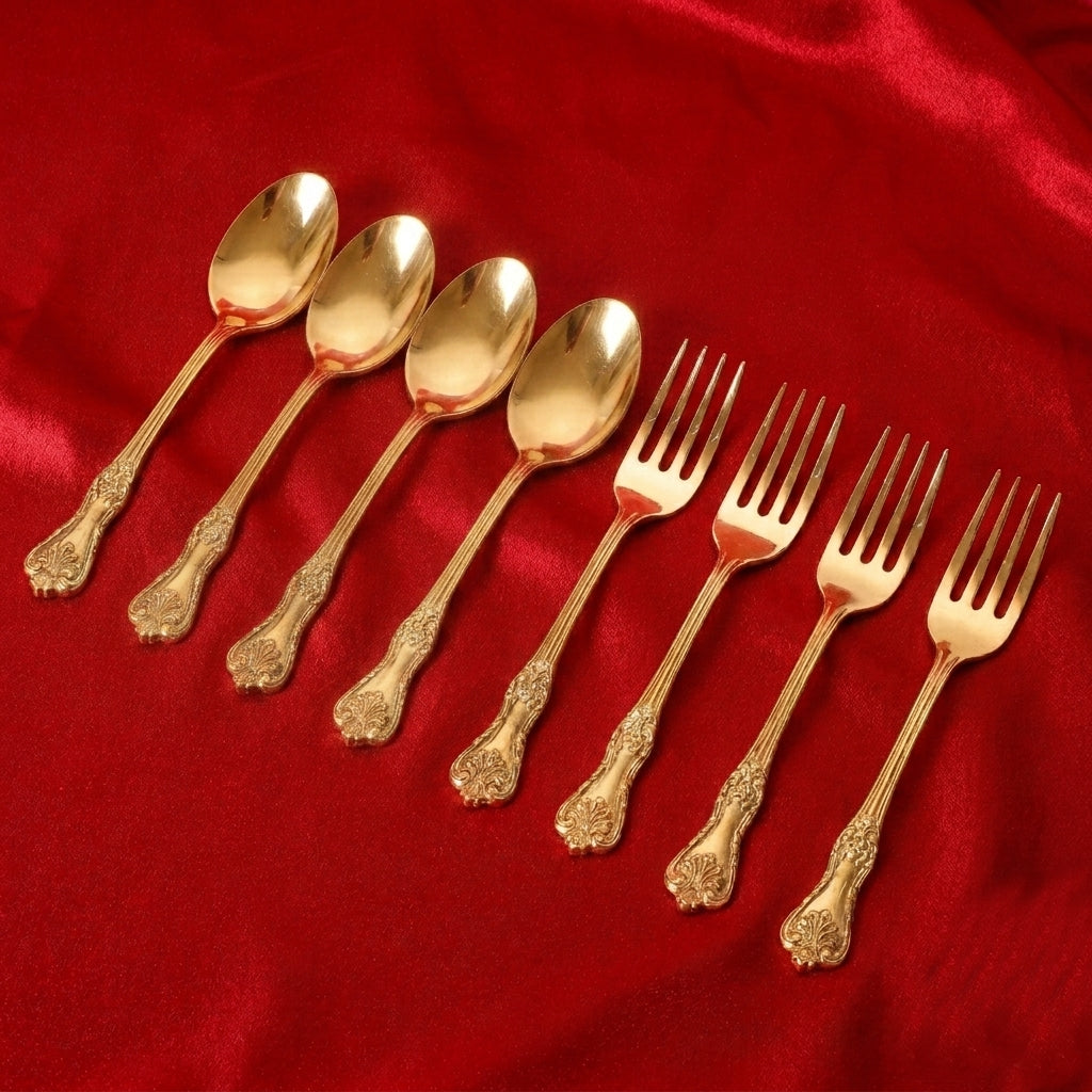 Handcrafted Brass Cutlery Set | Traditional Indian Flatware | Set of 8 (4 Spoons & 4 Forks)